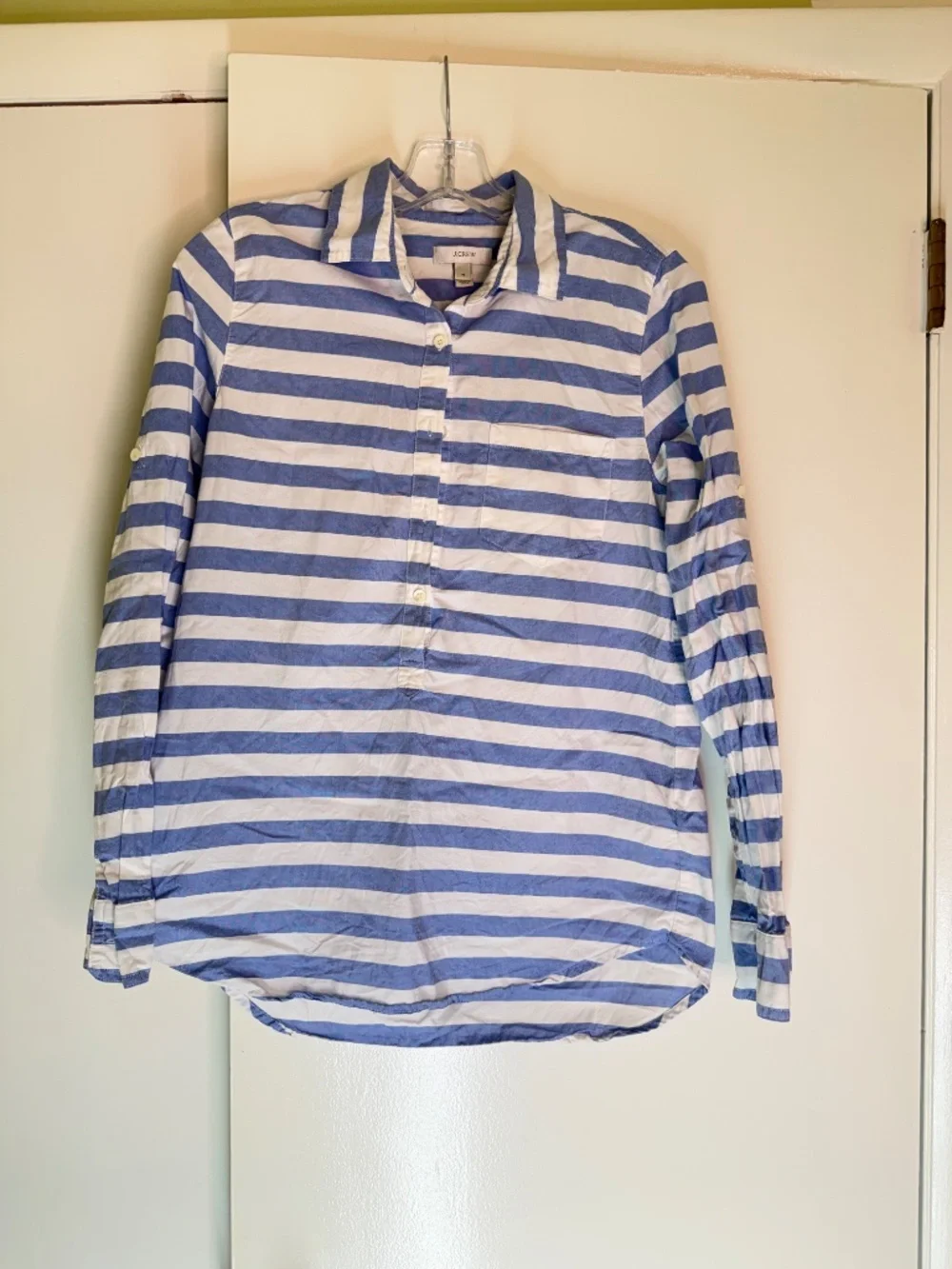 J.Crew Blue White Striped Button Front Tunic Shirt Women's Size Small Roll Tab S